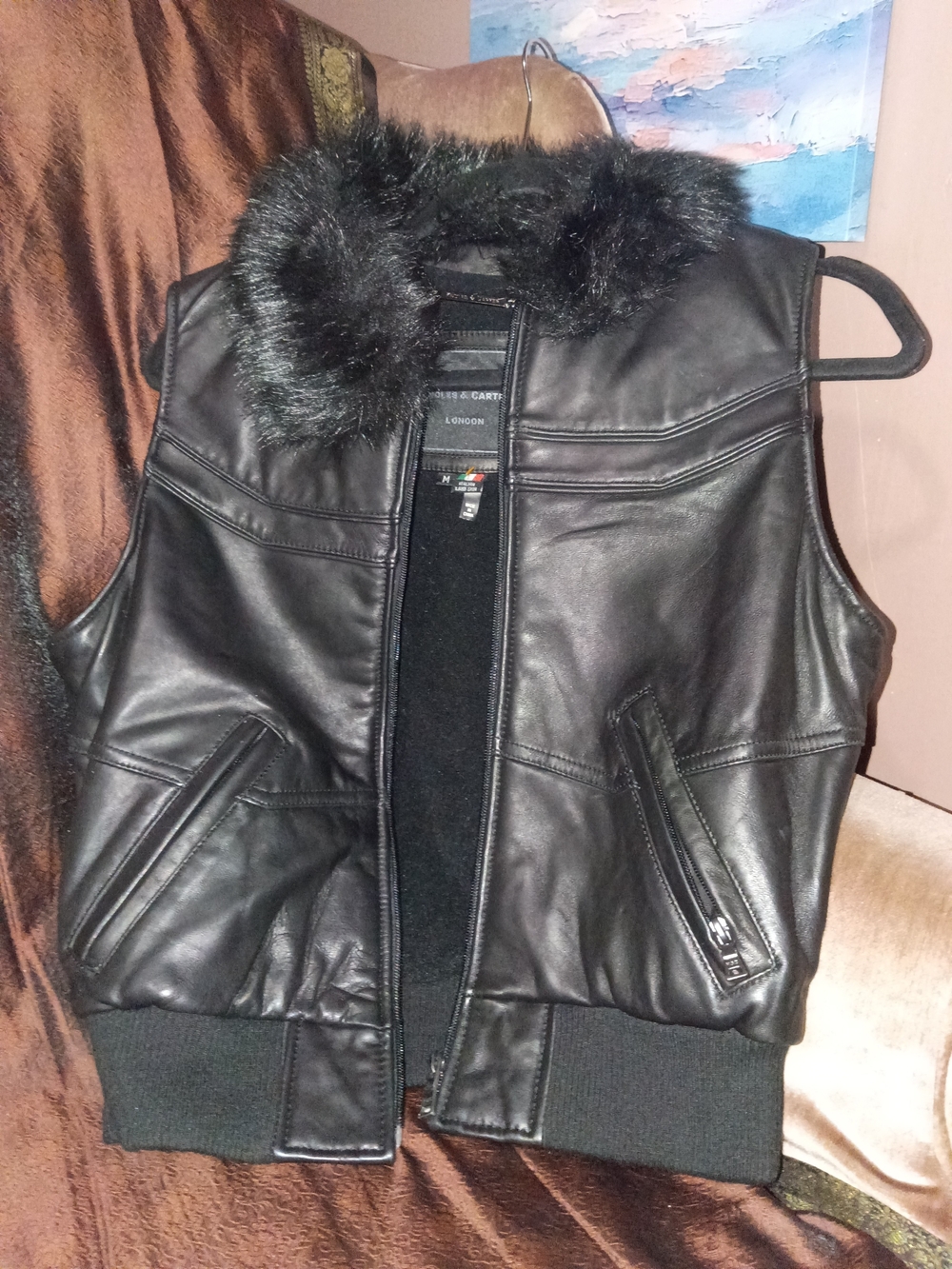 Knoles & Carter London Black Leather Faux Fur Collar Zip Vest W/ Pockets M